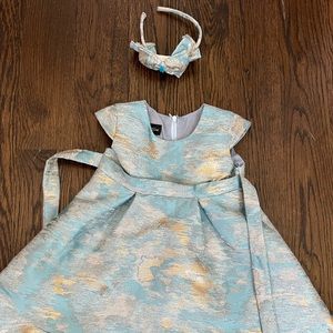 Isobella and Chloe dress teal and gold with matching headband